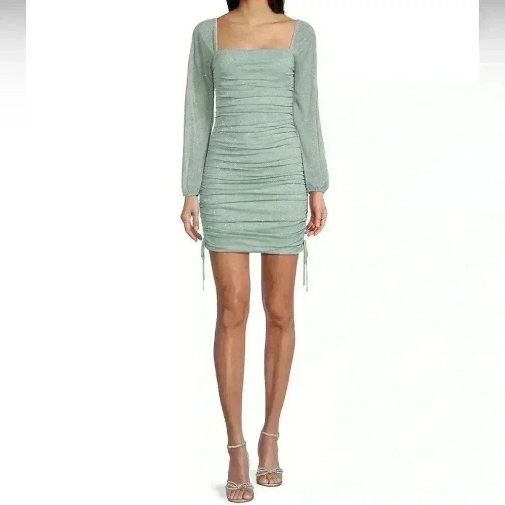 Jump Apparel Glitter Square Neck Ruched Long Sleeve W/ Ties At Hemline Dress M